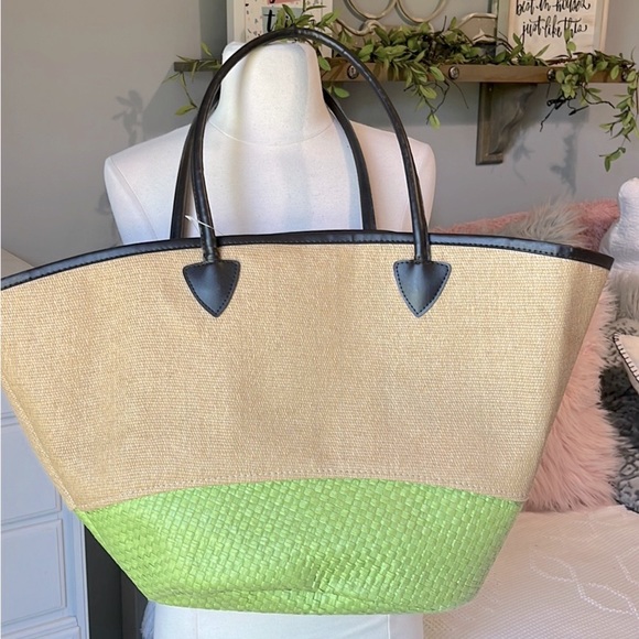 Beach Bag Large Straw Tote Lime - Picture 2 of 8